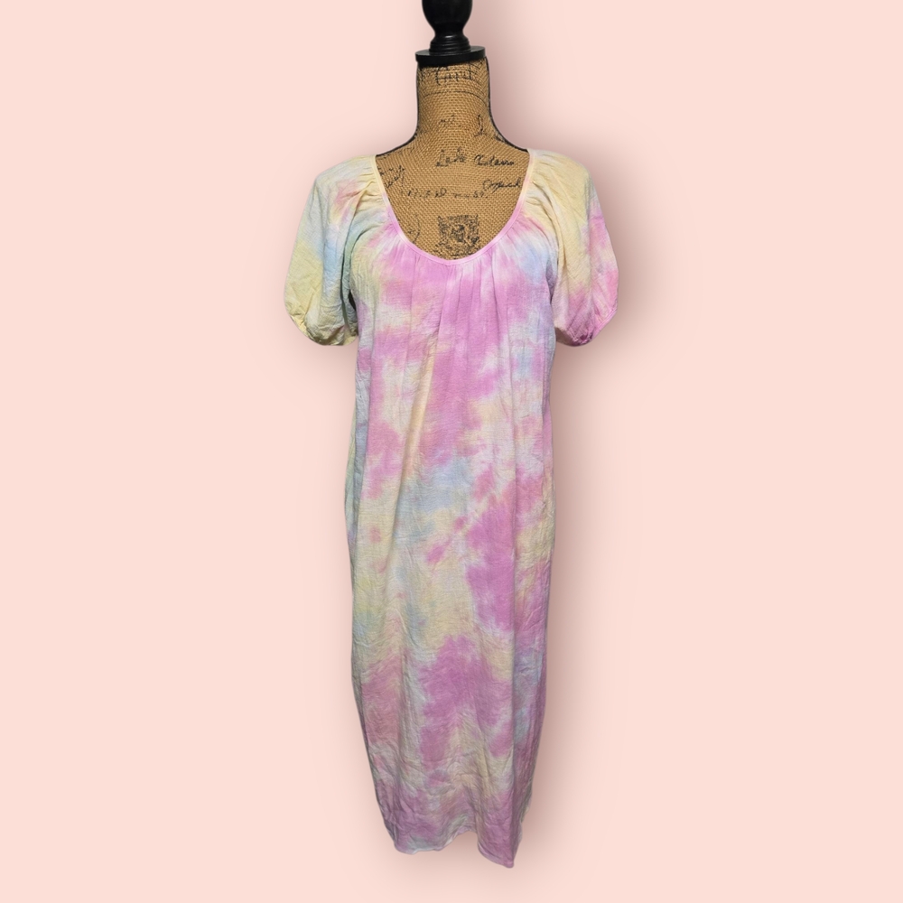 Maronie Short Sleeve Cotton Tie Dye Midi Dress Sz Small Pink Yellow Blue 22" PTP